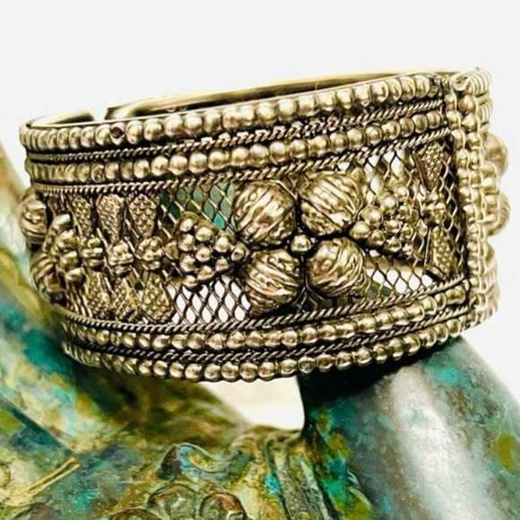 Vintage Tribal Hinged Bangle with Floral & Beaded Motif pattern, mesh interior - Picture 1 of 7